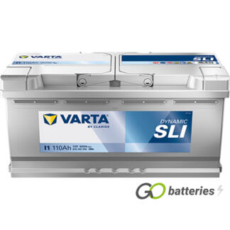 Varta I1 Dynamic SLI Battery 12V 110Ah 920 cold cranking amps, Silver case with the positive terminal on the right hand side with the terminals closest to you. Also has carrying handle. UK 020