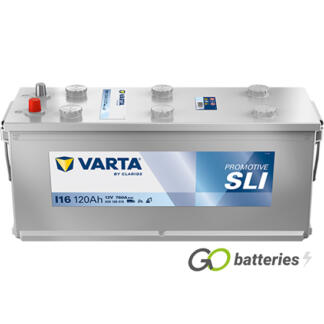 Varta I16 Promotive SLI Battery 12V 120Ah 760 cold cranking amps, Silver case with terminals at one end and carrying handles at each end.