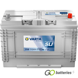 Varta I18 Promotive SLI Battery 12V 110Ah 680 cold cranking amps, Silver case with positive terminal on the right hand side with the terminals closest to you. Also has carrying handles in the centre of the battery. UK 663H