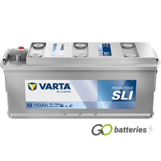 Varta I1 Promotive SLI Battery 12V 110Ah 760 cold cranking amps, Silver case with terminals at one end and carrying handles at each end. UK 615