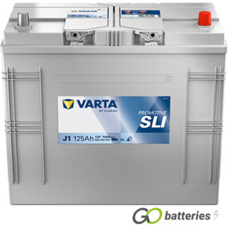 Varta J1 Promotive SLI Battery 12V 125Ah 720 cold cranking amps, Silver case with the positive terminal on the right hand side with the terminals closest to you. Also has carrying handles. 647/655