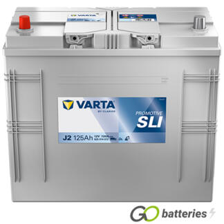 Varta J2 Promotive SLI Battery 12V 125Ah 720 cold cranking amps, Silver case with the positive terminal on the left hand side with the terminals closest to you. Also has carrying handles. 648/656
