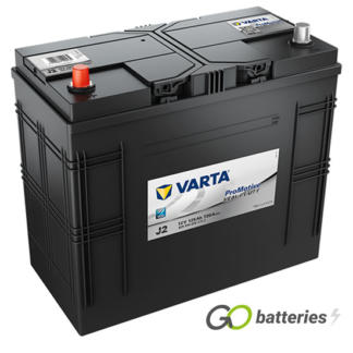 Varta J2 Promotive Heavy Duty Battery 12V 125Ah 720 cold cranking amps, Black case with the positive terminal on the left hand side with the terminals closest to you. Also has carrying handles. 648/656
