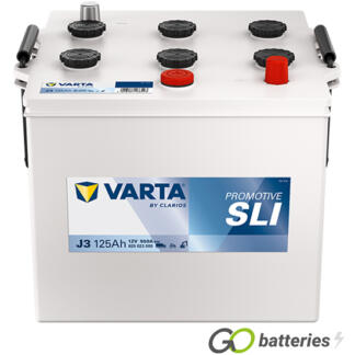 Varta J3 Promotive SLI Battery 12V 125Ah 950 cold cranking amps, White case with terminals diagonally situated and carrying handles at each end. 6TN