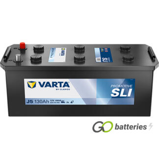 Varta J5 Promotive SLI Battery 12V 130Ah 680 cold cranking amps, Black case with terminals at one end and carrying handles at each end. 622