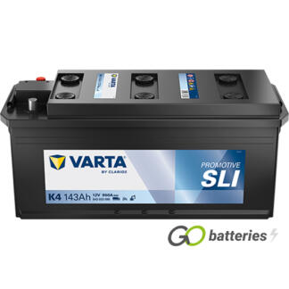 Varta K4 Promotive SLI Battery 12V 143Ah 950 cold cranking amps, Black case with terminals at one end and carrying handles at each end. Comes with hold downs. 622HD