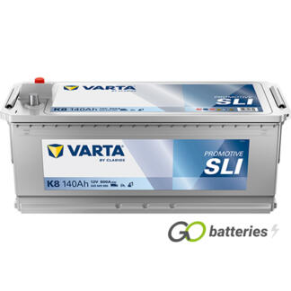 Varta K8 Promotive SLI Battery 12V 140Ah 800 cold cranking amps, Silver case with terminals at one end and carrying handles at each end. 630HD