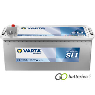 Varta L2 Promotive SLI Battery 12V 155Ah 900 cold cranking amps, Silver case with terminals at one end and carrying handles at each end. 621 / 629.