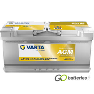 Varta LA105 Professional AGM Dual Purpose Leisure Battery, 12 volt 105 amps, 950 cold cranking amps. Silver case with the positive terminal on the right hand side with the terminals closest to you.