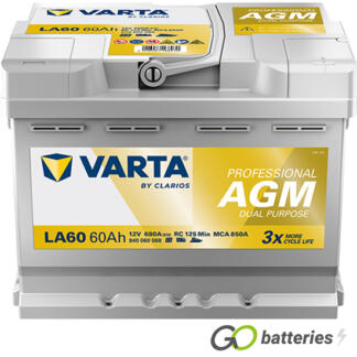 Varta LA60 Professional AGM Dual Purpose Leisure Battery 12V 60Ah 680 cold cranking amps, Silver case with the positive terminal on the right hand side with the terminals closest to you. Also has carrying handles.