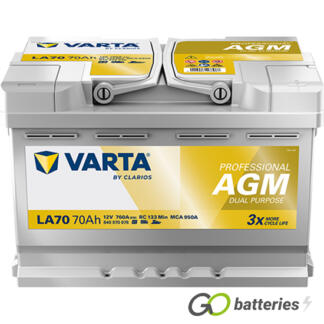 Varta LA70 Professional AGM Dual Purpose Leisure Battery 12V 70Ah 760 cold cranking amps, Silver case with the positive terminal on the right hand side with the terminals closest to you. Also has carrying handles.