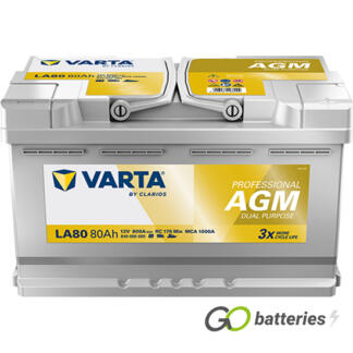 Varta LA80 Professional AGM Dual Purpose Leisure Battery 12V 80Ah 800 cold cranking amps, Silver case with the positive terminal on the right hand side with the terminals closest to you. Also has carrying handles.