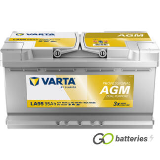 Varta LA95 Professional AGM Dual Purpose Leisure Battery 12V 95Ah 850 cold cranking amps, Silver case with the positive terminal on the right hand side with the terminals closest to you. Also has carrying handles. 019AGM.