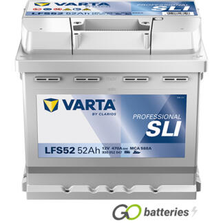Varta LFS52 Professional SLI Marine Starter Battery 12V 52Ah 470 cold cranking amps, Silver case with the positive terminal on the right hand side with the terminals closest to you. Also has carrying handle.