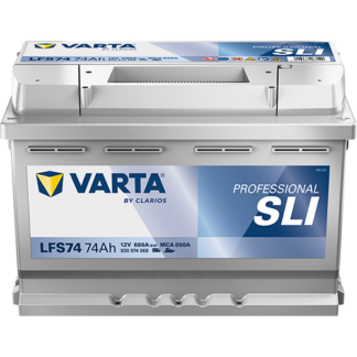 Varta LFS74 Professional SLI Marine Starter Battery 12V 74Ah 680 cold cranking amps, Silver case with the positive terminal on the right hand side with the terminals closest to you. Also has carrying handle.