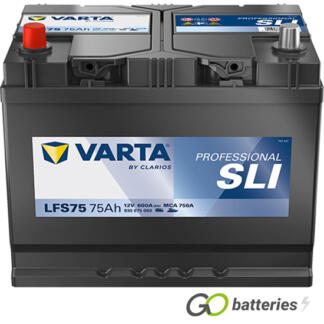 Varta LFS75 Professional SLI Battery 12V 75Ah 600 cold cranking amps, Black case with the positive terminal on the left hand side with the terminals closest to you. Also has carrying handles.