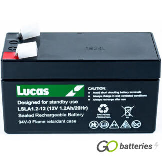 LUCAS LSLA1.2-12 AGM battery. 12 volt 1.2 amp, black case with spade terminals.