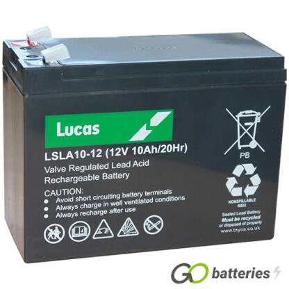 LUCAS LSLA10-12 AGM battery. 12 volt 10 amp, black case with spade connector terminals.