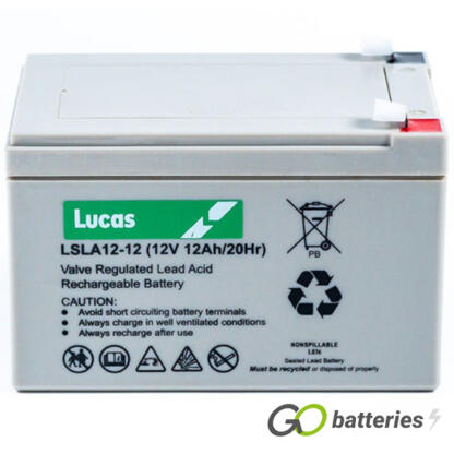LUCAS LSLA12-12 AGM battery. 12 volt 12 amp, grey case with spade connector terminals.