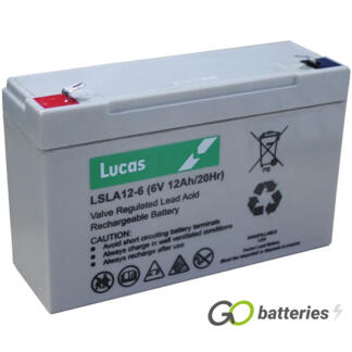 LUCAS LSLA12-6 AGM battery. 6 volt 12 amp, grey case with spade connector terminals at either end.