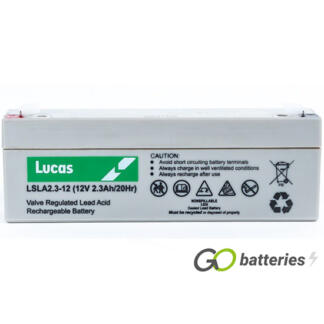 LUCAS LSLA2.3-12 AGM battery. 12 volt 2.3 amp, grey case with spade connector terminals at each end.