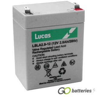 LUCAS LSLA2.9-12 AGM battery. 12 volt 2.9 amp, grey case with spade connector terminals.
