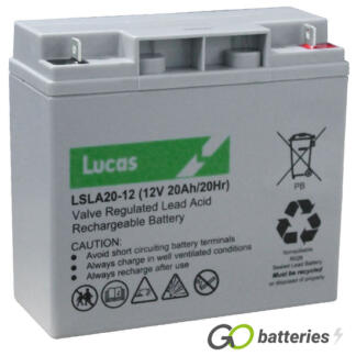 LUCAS LSLA20-12 AGM battery. 12 volt 2 amp, grey case with blade upright terminals.