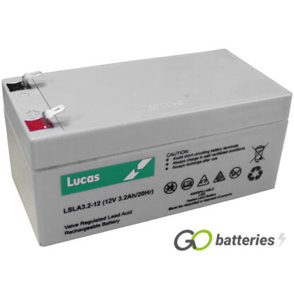 LUCAS LSLA3.2-12 AGM battery. 12 volt 3.2 amp, grey case with spade connector terminals.