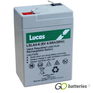 LUCAS LSLA4-6 AGM battery. 6 volt 4 amp, grey case with spade connector terminals.