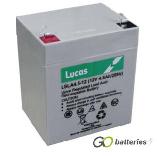 LUCAS LSLA4.5-12 AGM battery. 12 volt 4.5 amp, grey case with spade connector terminals.
