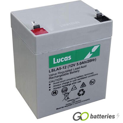 LUCAS LSLA5-12 AGM battery. 12 volt 5 amp, grey case with spade connector terminals.