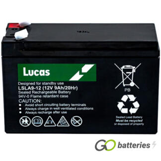 LUCAS LSLA9-12 AGM battery. 12 volt 9 amp, black case with spade connector terminals.