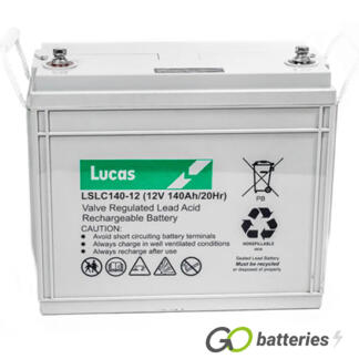 LUCAS LSLC140-12 AGM battery. 12 volt 140 amp, grey case with threaded terminals into the battery and carrying handle.