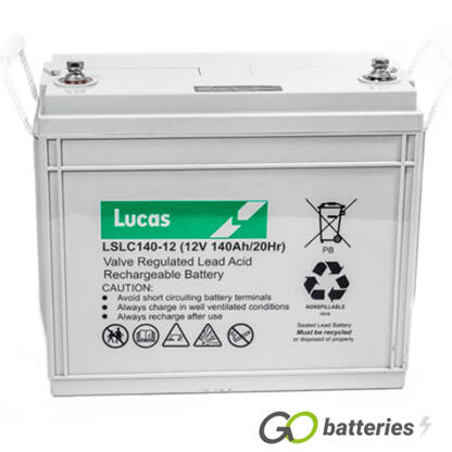 LUCAS LSLC140-12 AGM battery. 12 volt 140 amp, grey case with threaded terminals into the battery and carrying handle.