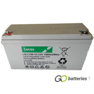 LUCAS LSLC150-12 AGM battery. 12 volt 150 amp, grey case with threaded terminals into the battery and carrying handle.