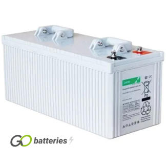 LUCAS LSLC180-12 AGM battery. 12 volt 180 amp, grey case with threaded terminals into the battery and carrying handles on top of battery.