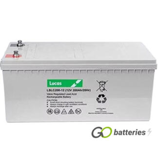 LUCAS LSLC200-12 AGM battery. 12 volt 200 amp, grey case with threaded terminals into the battery and carrying handles on either end of battery.