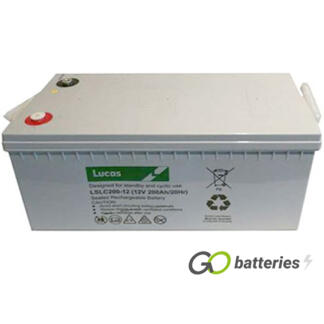 LUCAS LSLC200-12 AGM battery. 12 volt 200 amp, grey case with threaded terminals into the battery and carrying handles.