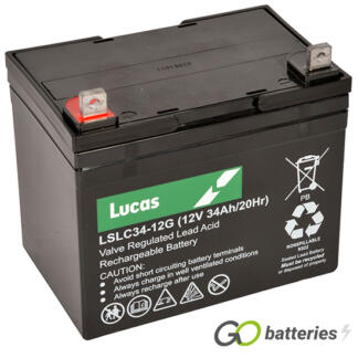 LUCAS LSLC34-12G AGM battery. 12 volt 34 amp, black case with bolt through terminals.