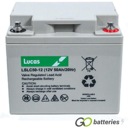 LUCAS LSLC50-12 AGM battery. 12 volt 50 amp, grey case with threaded terminals into the battery.