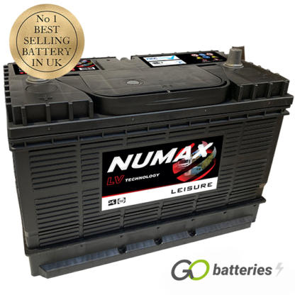 Numax LV30MF Leisure Battery. 12 volt 105 amp hour and 800 cold cranking amps. Black case with the positive terminal on the left hand side with the terminals closest to you. Also has carrying handle.