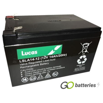 LUCAS LSLA14-12 AGM battery. 12 volt 14 amp, black case with spade connector terminals.