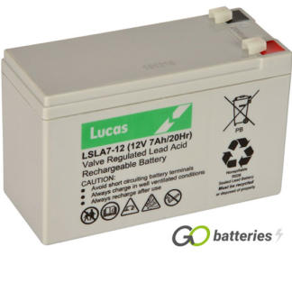 LUCAS LSLA7-12 AGM battery. 12 volt 7 amp, grey case with spade connector terminals.