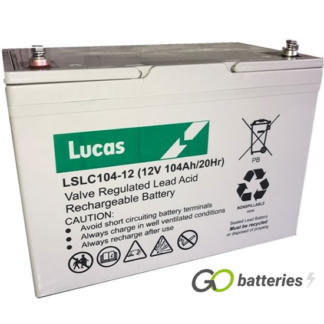 LUCAS LSLC104-12 AGM battery. 12 volt 104 amp, grey case with threaded terminals into the battery and carrying handle.