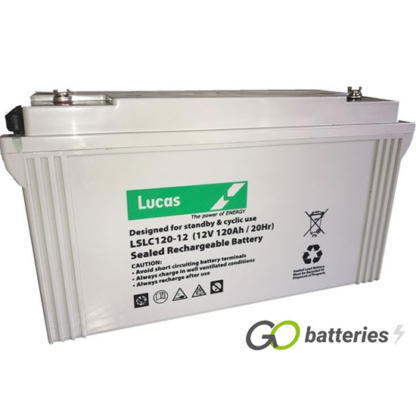 LUCAS LSLC120-12 AGM battery. 12 volt 120 amp, grey case with threaded terminals into the battery and carrying handle.