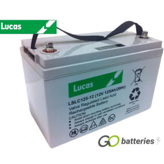 LUCAS LSLC125-12 AGM battery. 12 volt 125 amp, grey case with threaded terminals into the battery and carrying strap.