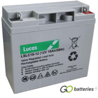 LUCAS LSLC18-12 AGM battery. 12 volt 18 amp, grey case with blade upright terminals.