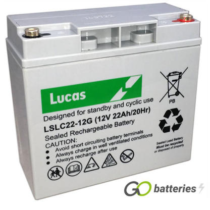 LUCAS LSLC22-12 AGM battery. 12 volt 22 amp, grey case with threaded terminals into the battery.