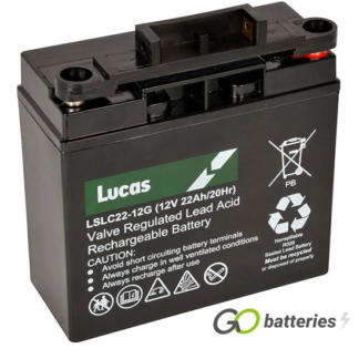 LUCAS LSLC22-12G AGM battery. 12 volt 22 amp, black case with T-Bar adaptor.