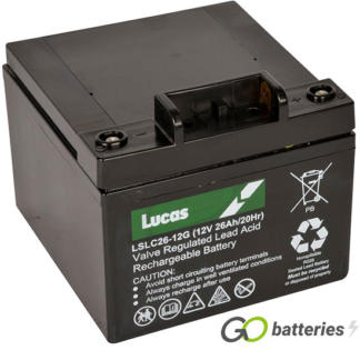LUCAS LSLC26-12G AGM battery. 12 volt 26 amp, black case with T-Bar connector.